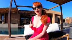 Big tit redhead mature Red XXX masturbates poolside