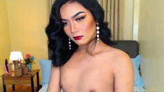 Asian shemale fucks flashlight on webcam show