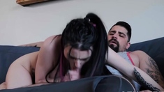 Small tit brunette sucks a big cock hardcore