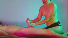 Busty milf amateur gives bukkake handjob to guy